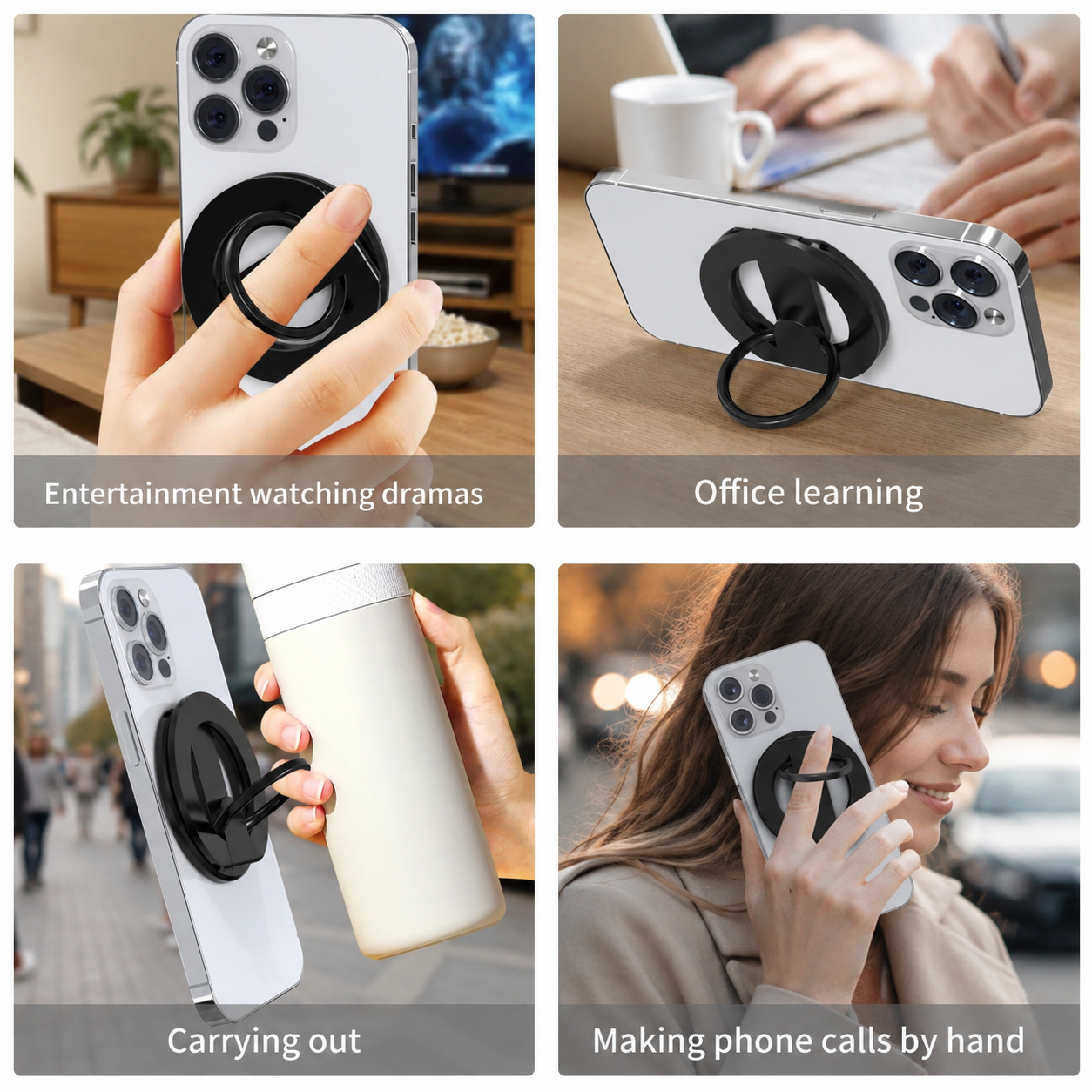 Support magnétique pour téléphone RESPECTED BRO avec double anneau, compatible avec iPhone 17/16/15/14/13/12, support multifonctionnel pour bureau, salle de sport, cuisine et toutes surfaces métalliques, poignée avec boucle pour les doigts (noir)