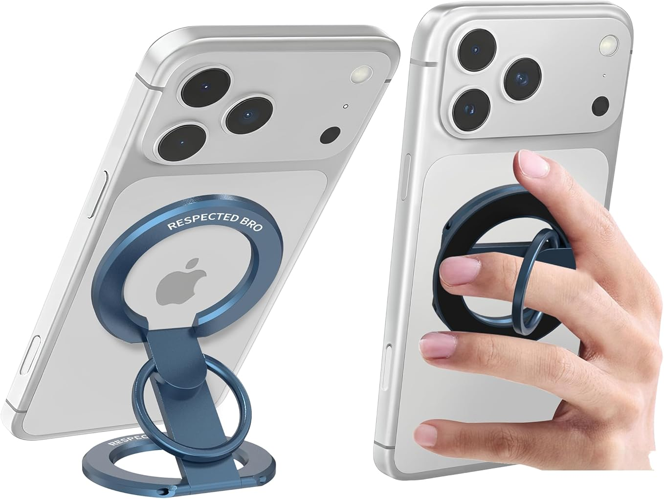 Phone case with a ring holder attached, showing an Apple logo.