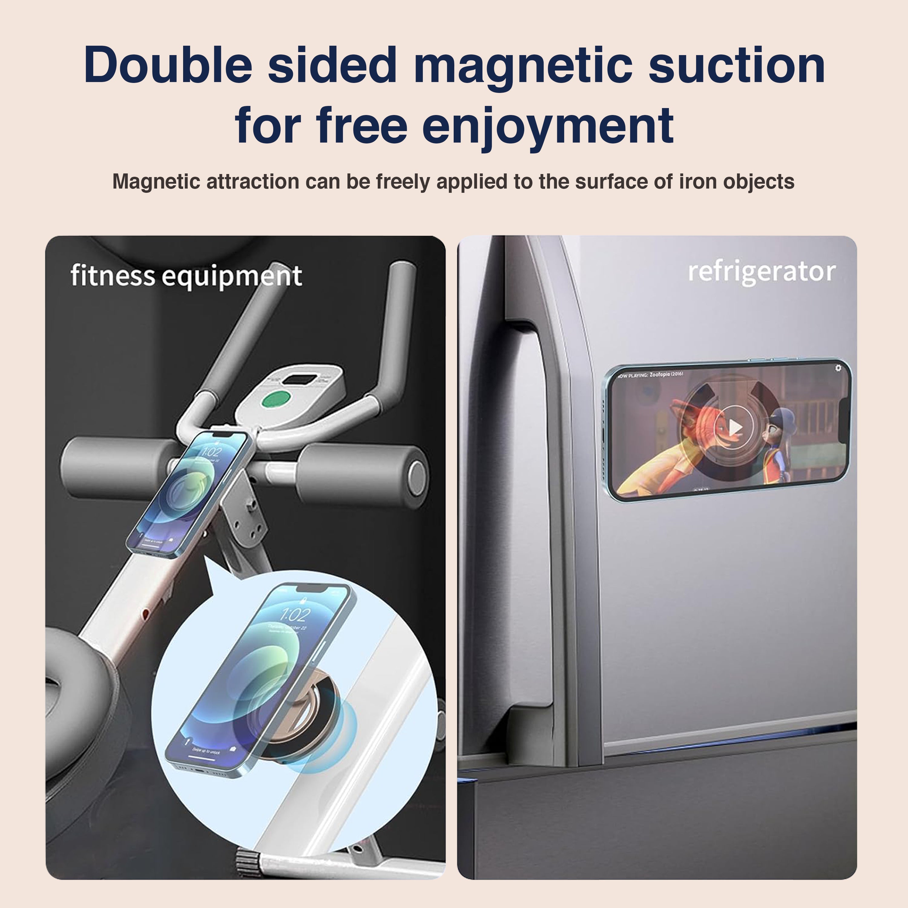 Support magnétique pour téléphone avec double anneau, compatible avec iPhone 17/16/15/14/13/12, support multifonctionnel pour le bureau, la salle de sport, la cuisine et toutes les surfaces métalliques, poignée avec anneau de maintien (Or du désert)