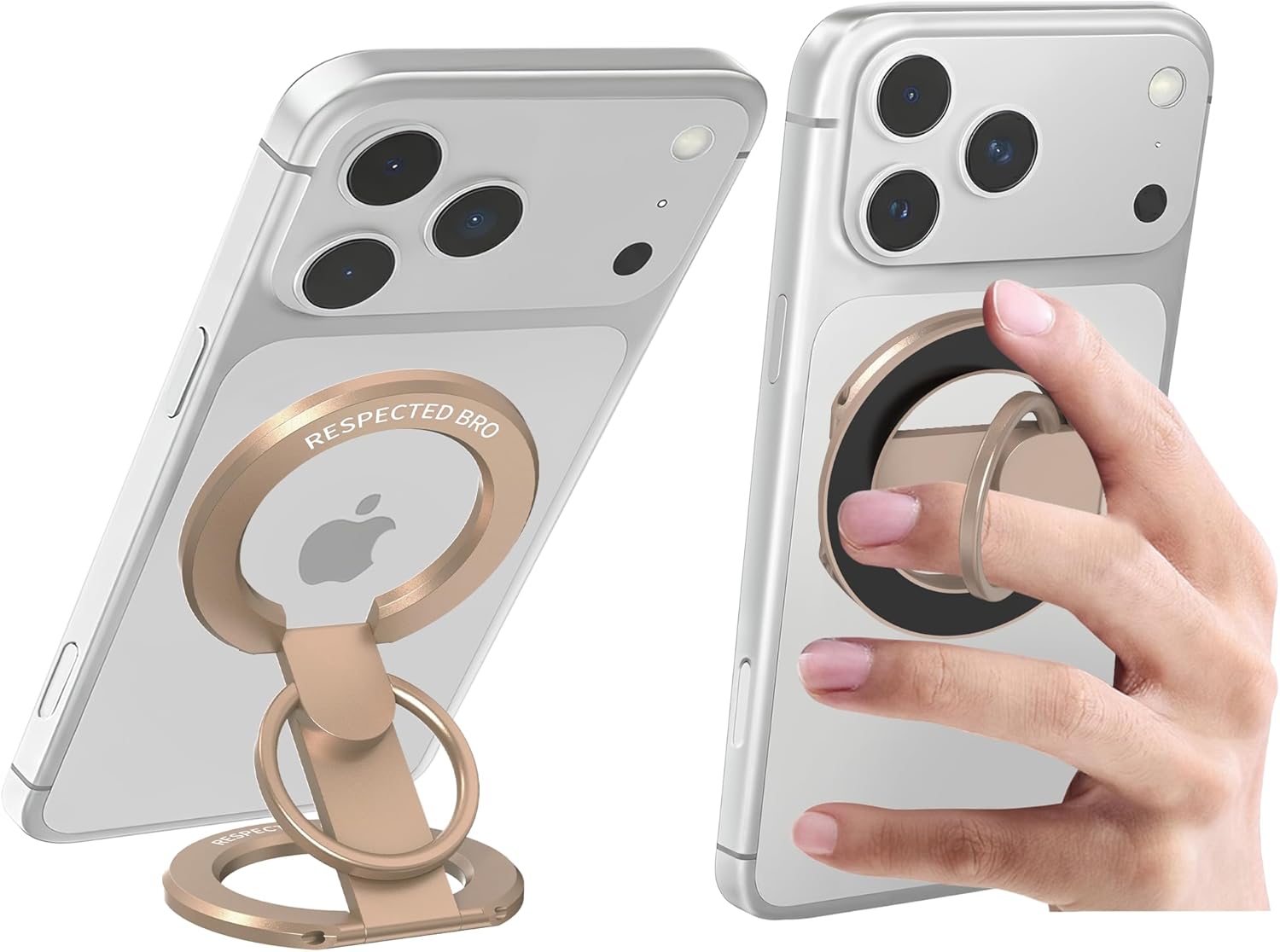 Smartphone with a gold ring holder attached, showing both front and back views.