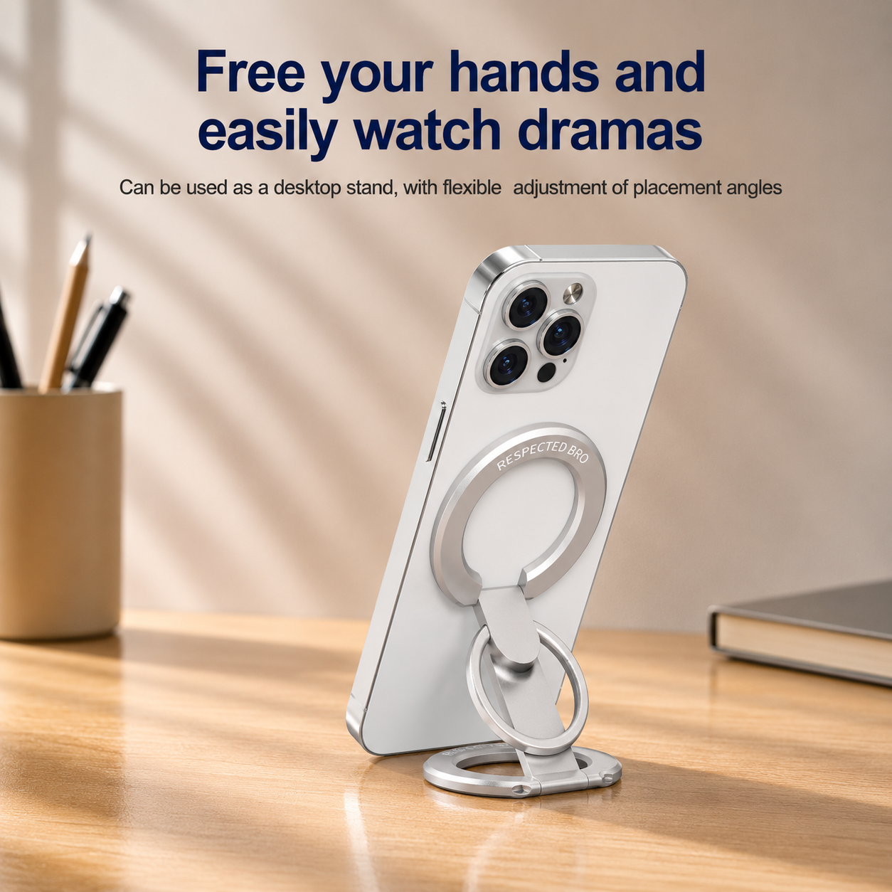 Respectbro™ RingGrip Magnetic Dual-Ring Phone Holder & Stand (Silver)