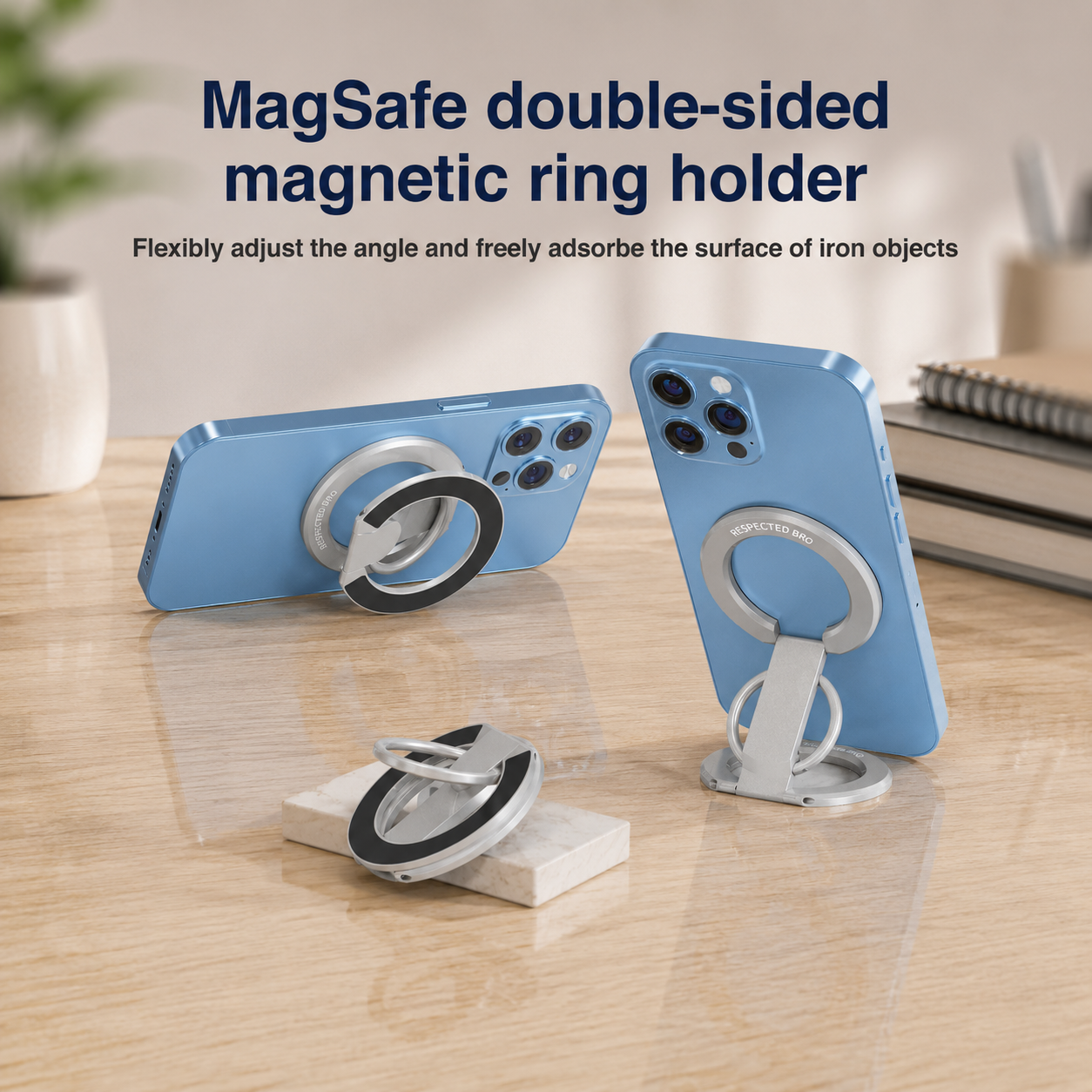 Support magnétique pour téléphone avec double anneau, compatible avec iPhone 17/16/15/14/13/12, support multifonctionnel pour bureau, salle de sport, cuisine et toutes surfaces métalliques, poignée avec anneau de maintien (argenté)