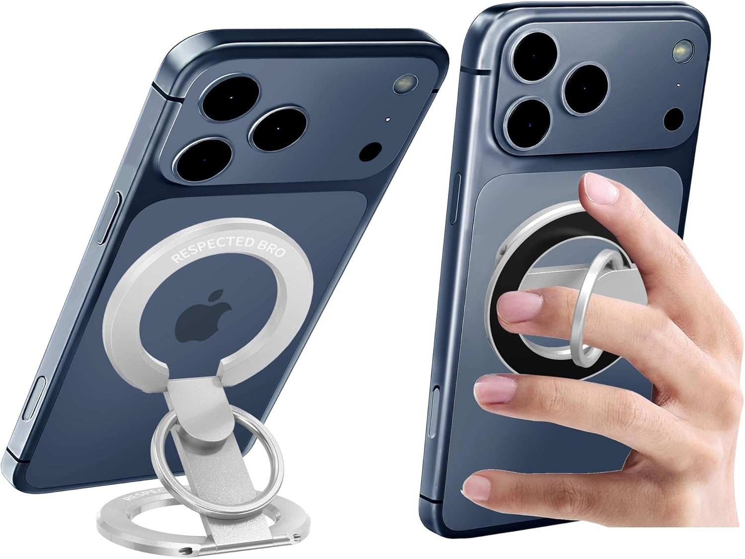 Smartphone with a ring holder attachment on a white background