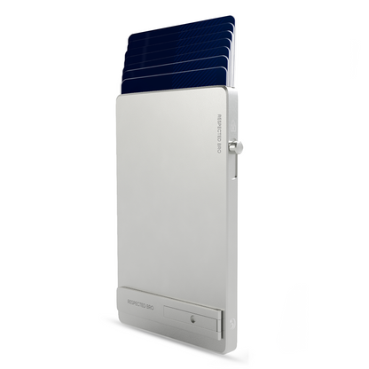 Rectangular electronic device with a blue component on a white background