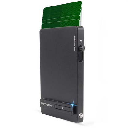 Black cardholder with green cards on a white background