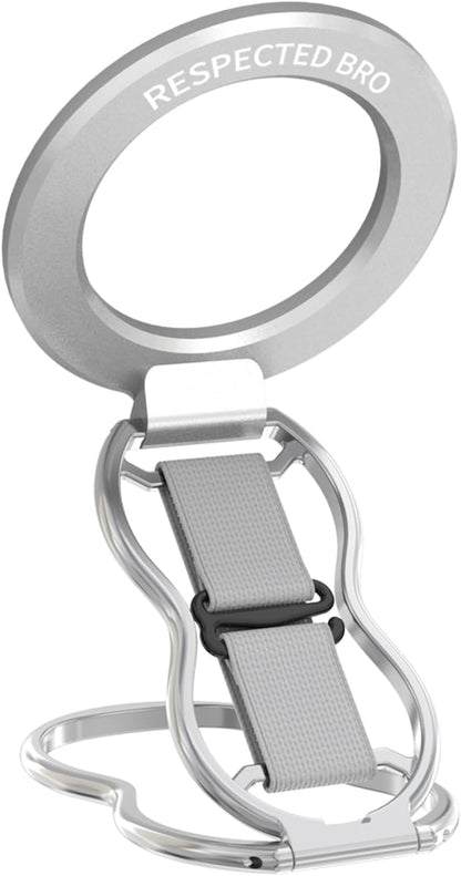 RESPECTED-BRO-Magnetic-Phone-Grip-Stand-with-Finger-Strap, 4-in-1 Magnetic Ring Holder, Kickstand and Elastic Strap for Phones, Universal Fit for iPhone 17/16/15/14/13/12, Android, and Cases (Silver)