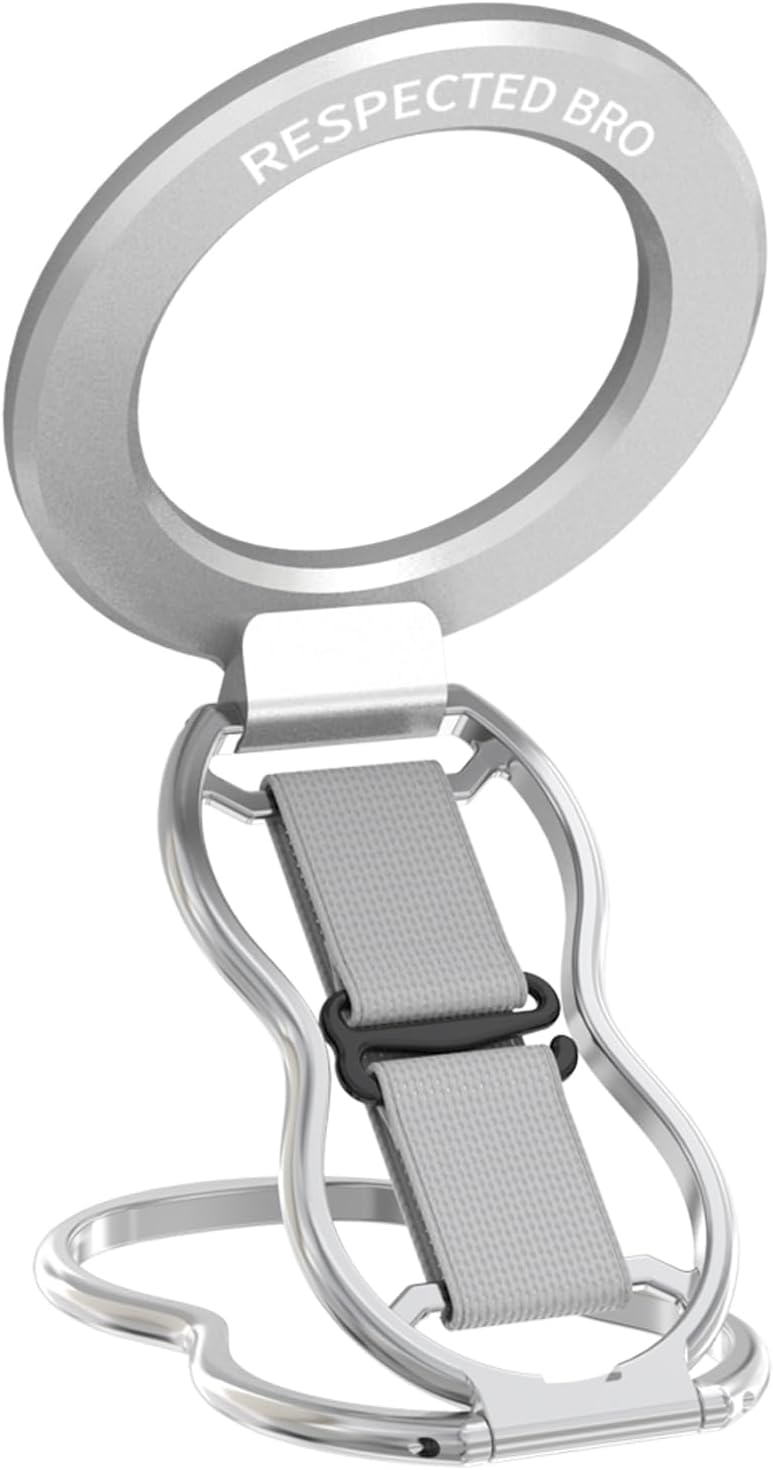 RESPECTED-BRO-Magnetic-Phone-Grip-Stand-with-Finger-Strap, 4-in-1 Magnetic Ring Holder, Kickstand and Elastic Strap for Phones, Universal Fit for iPhone 17/16/15/14/13/12, Android, and Cases (Silver)
