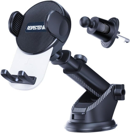Black car phone mount with suction cup and magnetic attachment on a white background