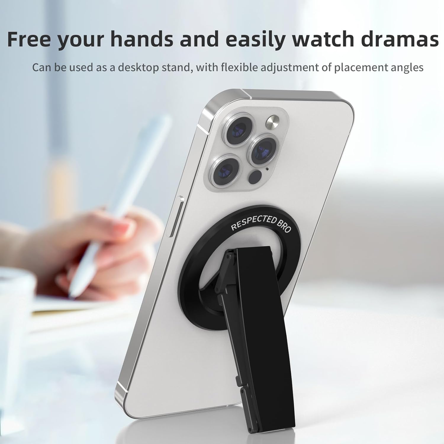 Magnetic-Phone-Grip-Stand, Magnetic Phone Ring Holder Kickstand with Silicone Finger Strap, Compatibility for iPhone 17/16/15/14/13/12, Android, and More (Black)