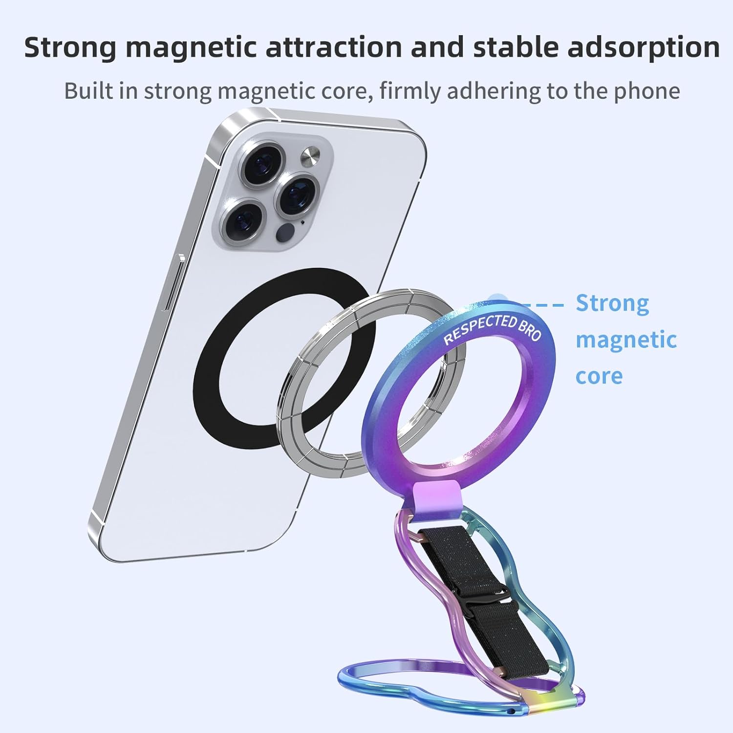 Magnetic-Phone-Grip-Stand-with-Finger-Strap, 4-in-1 Magnetic Ring Holder, Kickstand and Elastic Strap for Phones, Universal Fit for iPhone 17/16/15/14/13/12, Android and Cases (Colorful)