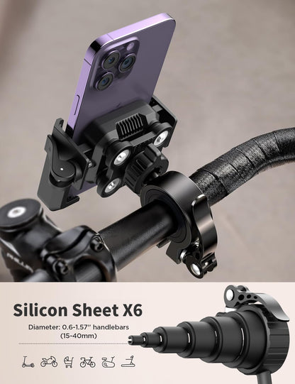 Phone mount on a bicycle handlebar with 'Silicon Sheet X6' text