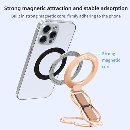 Magnetic-Phone-Grip-Stand-with-Finger-Strap, 4-in-1 Magnetic Ring Holder, Kickstand and Elastic Strap for Phones, Universal Fit for iPhone 17/16/15/14/13/12, Android and Cases(Rose Gold)