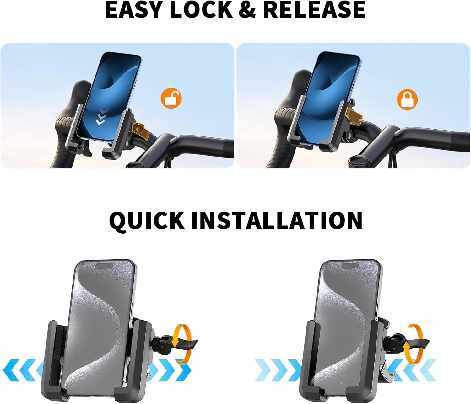 Phone holder with easy lock and release mechanism on a clear background