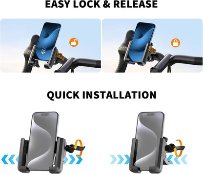 Phone holder with easy lock and release mechanism on a clear background