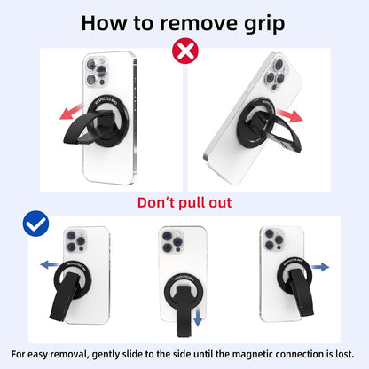 Magnetic-Phone-Grip-Stand, Magnetic Phone Ring Holder Kickstand with Silicone Finger Strap, Compatibility for iPhone 17/16/15/14/13/12, Android, and More (Black)