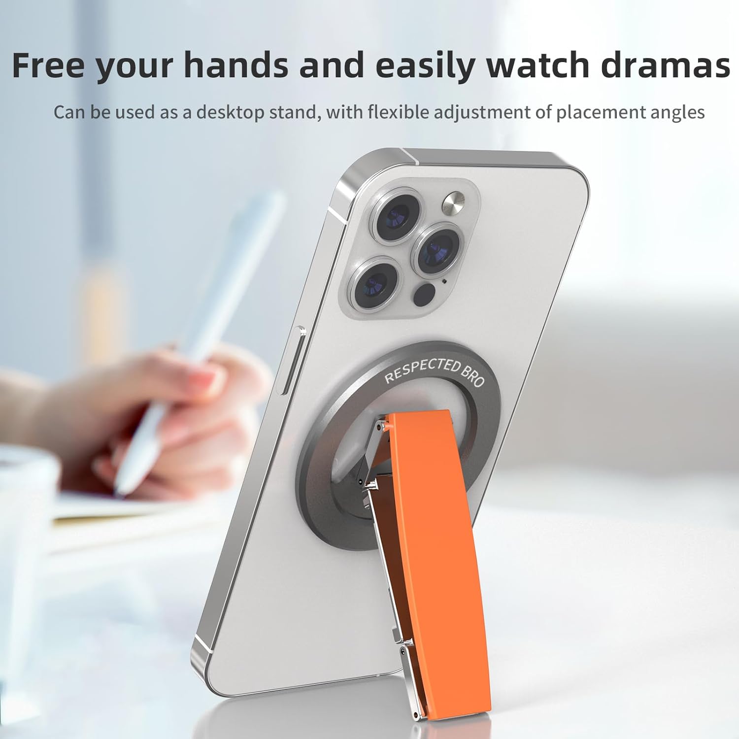 Magnetic-Phone-Grip-Stand, Magnetic Phone Ring Holder Kickstand with Silicone Finger Strap, Compatibility for iPhone 17/16/15/14/13/12, Android, and More (Orange)