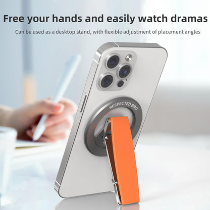 Magnetic-Phone-Grip-Stand, Magnetic Phone Ring Holder Kickstand with Silicone Finger Strap, Compatibility for iPhone 17/16/15/14/13/12, Android, and More (Orange)