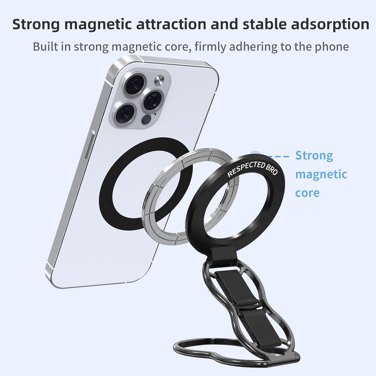 Magnetic-Phone-Grip-Stand-with-Finger-Strap, 4-in-1 Magnetic Ring Holder, Kickstand and Elastic Strap for Phones, Universal Fit for iPhone 17/16/15/14/13/12, Android, and Cases (Black)