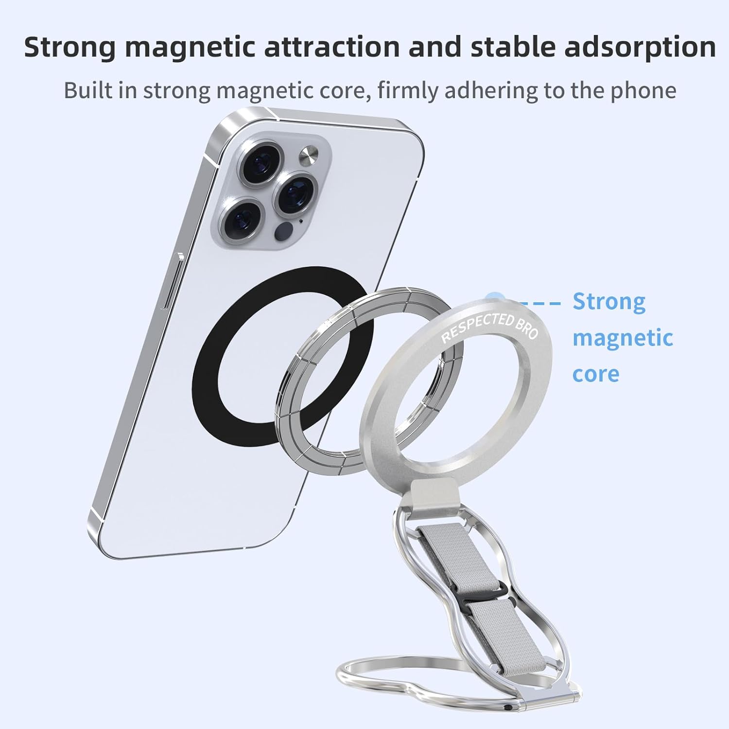 RESPECTED-BRO-Magnetic-Phone-Grip-Stand-with-Finger-Strap, 4-in-1 Magnetic Ring Holder, Kickstand and Elastic Strap for Phones, Universal Fit for iPhone 17/16/15/14/13/12, Android, and Cases (Silver)