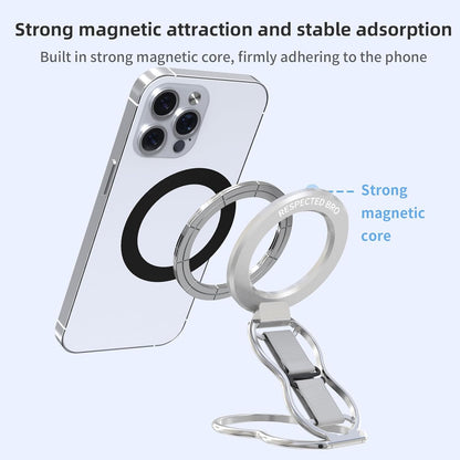RESPECTED-BRO-Magnetic-Phone-Grip-Stand-with-Finger-Strap, 4-in-1 Magnetic Ring Holder, Kickstand and Elastic Strap for Phones, Universal Fit for iPhone 17/16/15/14/13/12, Android, and Cases (Silver)