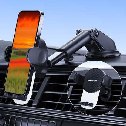 Car phone holder with smartphone displaying a scenic view, placed on a car dashboard.