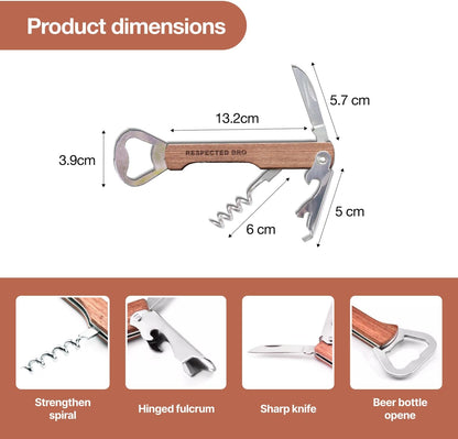 Multifunctional tool with bottle opener, corkscrew, and knife, showing dimensions and features.