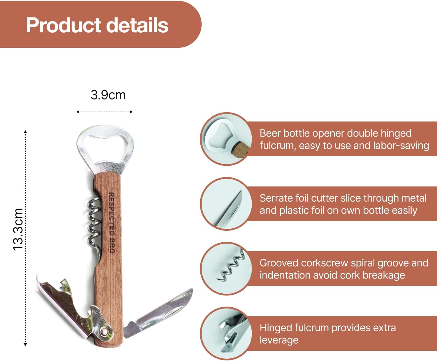 Multi-tool with bottle opener, corkscrew, and foil cutter with product details on a white background.