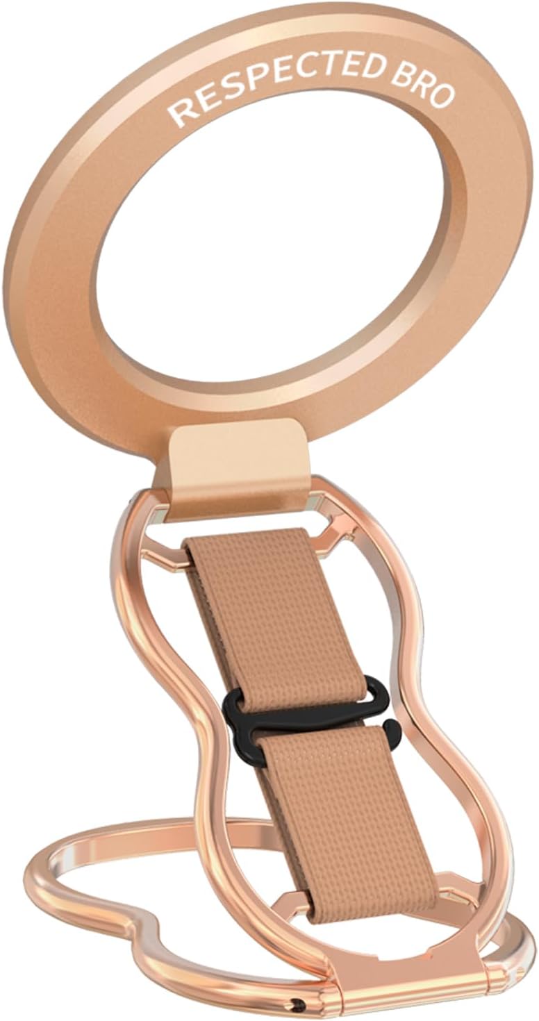 Magnetic-Phone-Grip-Stand-with-Finger-Strap, 4-in-1 Magnetic Ring Holder, Kickstand and Elastic Strap for Phones, Universal Fit for iPhone 17/16/15/14/13/12, Android and Cases(Rose Gold)