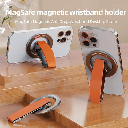 Magnetic-Phone-Grip-Stand, Magnetic Phone Ring Holder Kickstand with Silicone Finger Strap, Compatibility for iPhone 17/16/15/14/13/12, Android, and More (Orange)