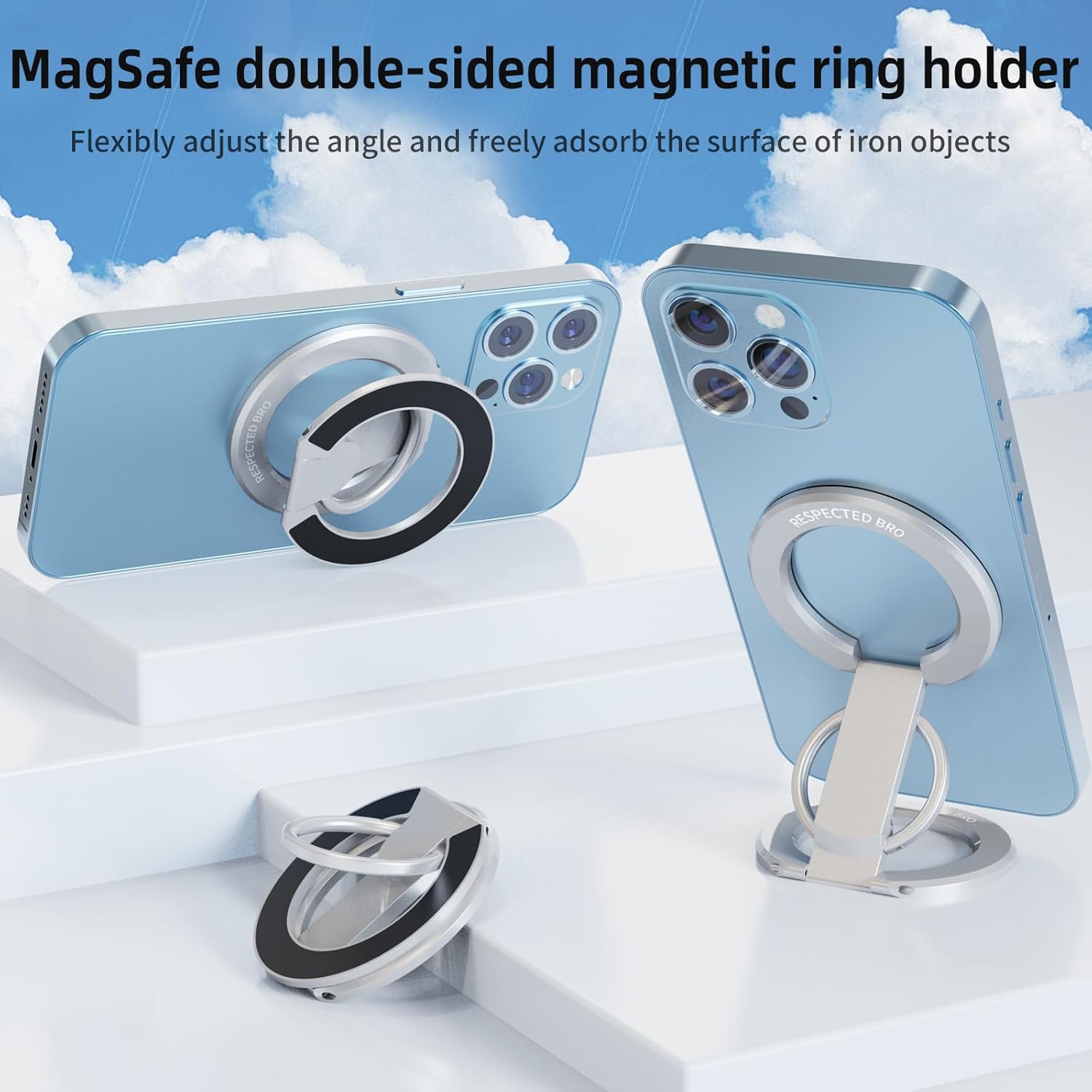 Magnetic-Phone-Ring-Holder with Dual Rings, Compatible with iPhone 17/16/15/14/13/12, Multifunctional Stand for Desk,Office,Gym,Kitchen & All Metal Surfaces, Finger Loop Grip (Silver)
