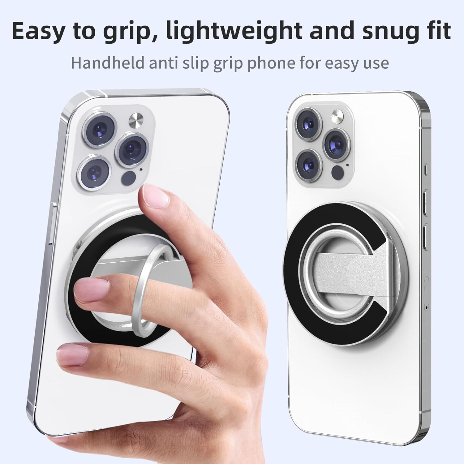 Magnetic-Phone-Ring-Holder with Dual Rings, Compatible with iPhone 17/16/15/14/13/12, Multifunctional Stand for Desk,Office,Gym,Kitchen & All Metal Surfaces, Finger Loop Grip (Silver)