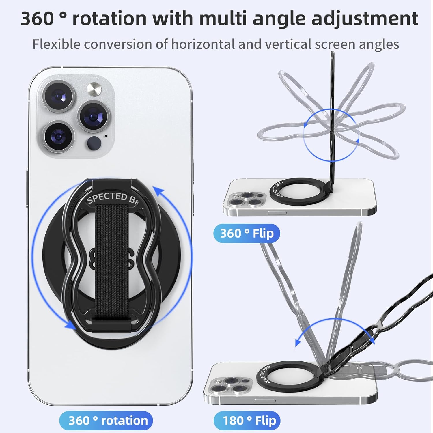 Magnetic-Phone-Grip-Stand-with-Finger-Strap, 4-in-1 Magnetic Ring Holder, Kickstand and Elastic Strap for Phones, Universal Fit for iPhone 17/16/15/14/13/12, Android, and Cases (Black)