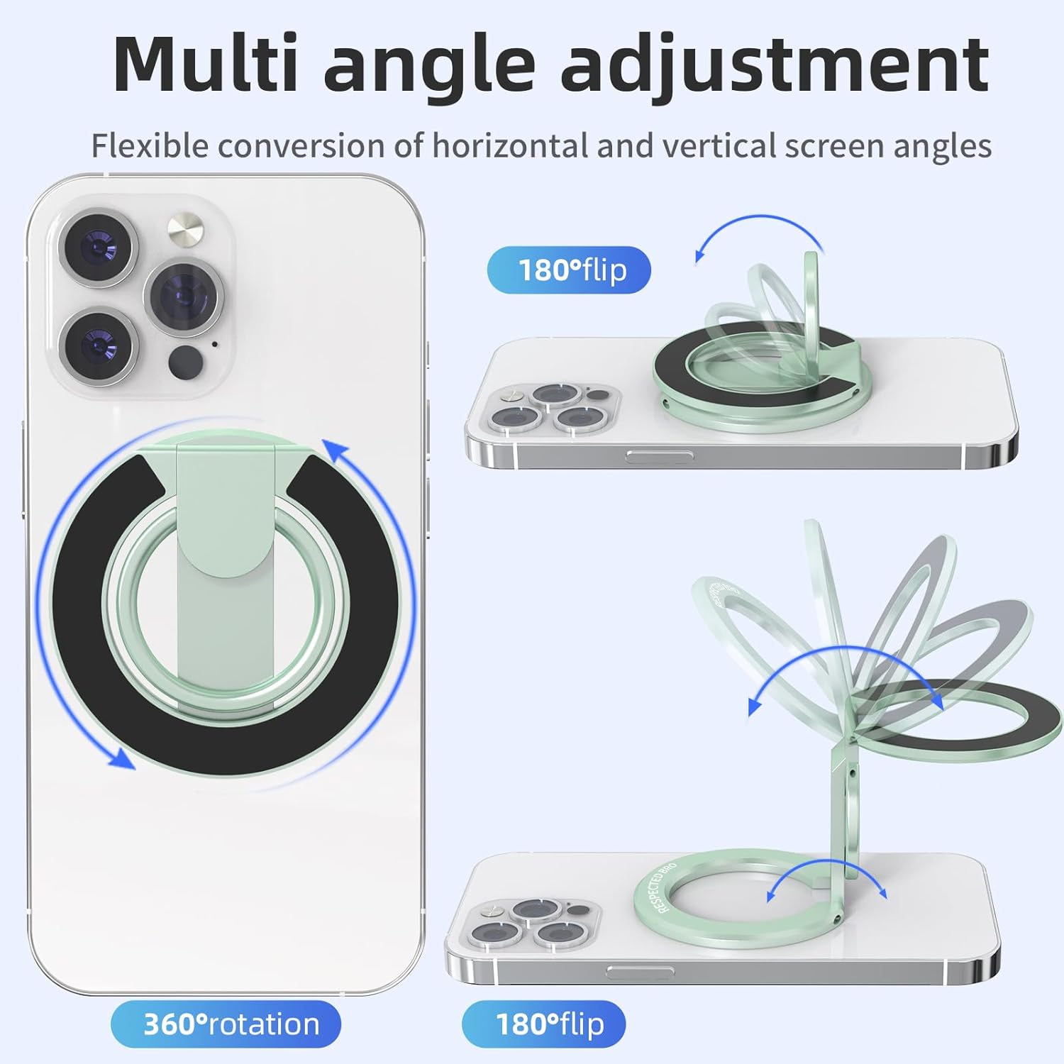 Magnetic-Phone-Ring-Holder with Dual Rings, Compatible with iPhone 17/16/15/14/13/12, Multifunctional Stand for Office, Gym, Kitchen & All Metal Surfaces, Finger Loop Grip (Light Green)