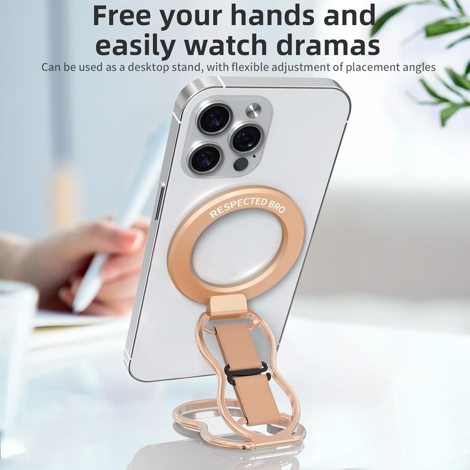 Magnetic-Phone-Grip-Stand-with-Finger-Strap, 4-in-1 Magnetic Ring Holder, Kickstand and Elastic Strap for Phones, Universal Fit for iPhone 17/16/15/14/13/12, Android and Cases(Rose Gold)