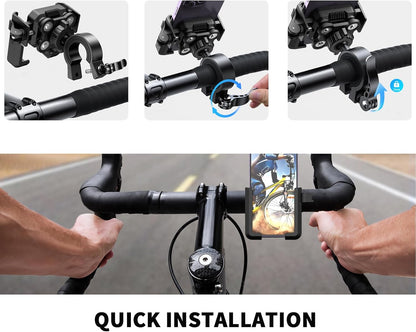 Step-by-step installation of a bike phone mount with close-up shots and a final view of the setup.