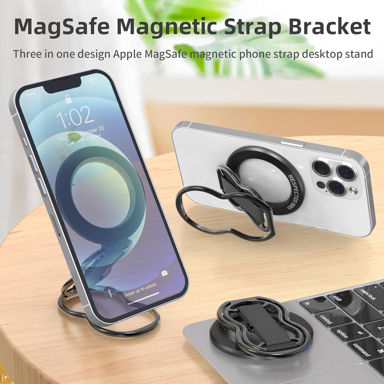 Magnetic-Phone-Grip-Stand-with-Finger-Strap, 4-in-1 Magnetic Ring Holder, Kickstand and Elastic Strap for Phones, Universal Fit for iPhone 17/16/15/14/13/12, Android, and Cases (Black)