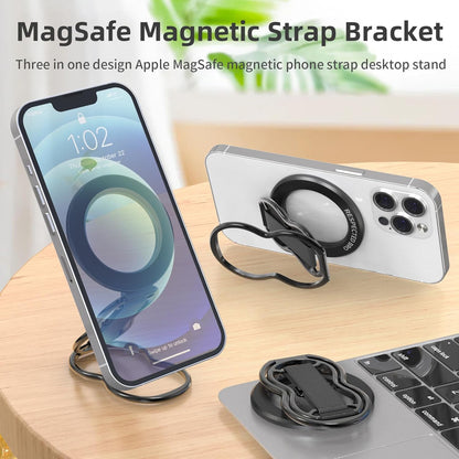 Magnetic-Phone-Grip-Stand-with-Finger-Strap, 4-in-1 Magnetic Ring Holder, Kickstand and Elastic Strap for Phones, Universal Fit for iPhone 17/16/15/14/13/12, Android, and Cases (Black)