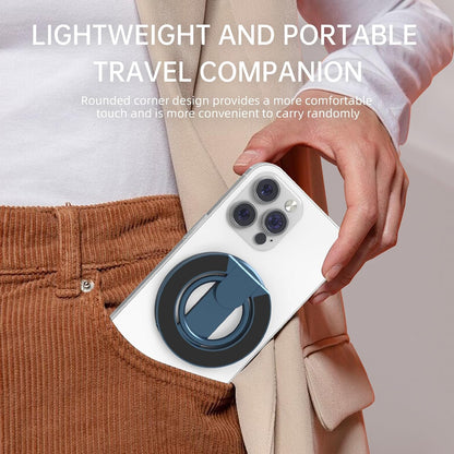 Person holding a phone with a case, text about lightweight and portable travel companion