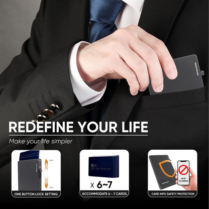 Person in a suit holding a cardholder with text 'REDEFINE YOUR LIFE' and product features.
