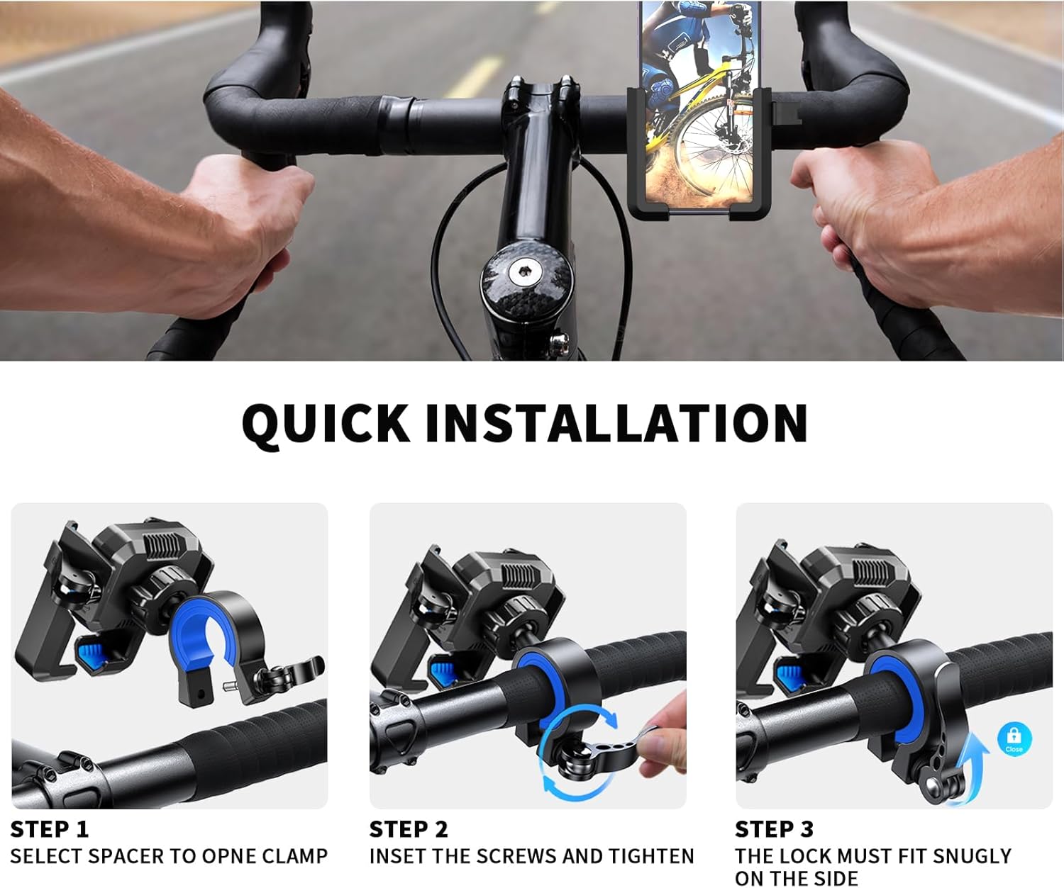 Bicycle handlebar with phone mount and step-by-step installation guide.