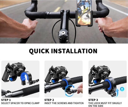 Bicycle handlebar with phone mount and step-by-step installation guide.