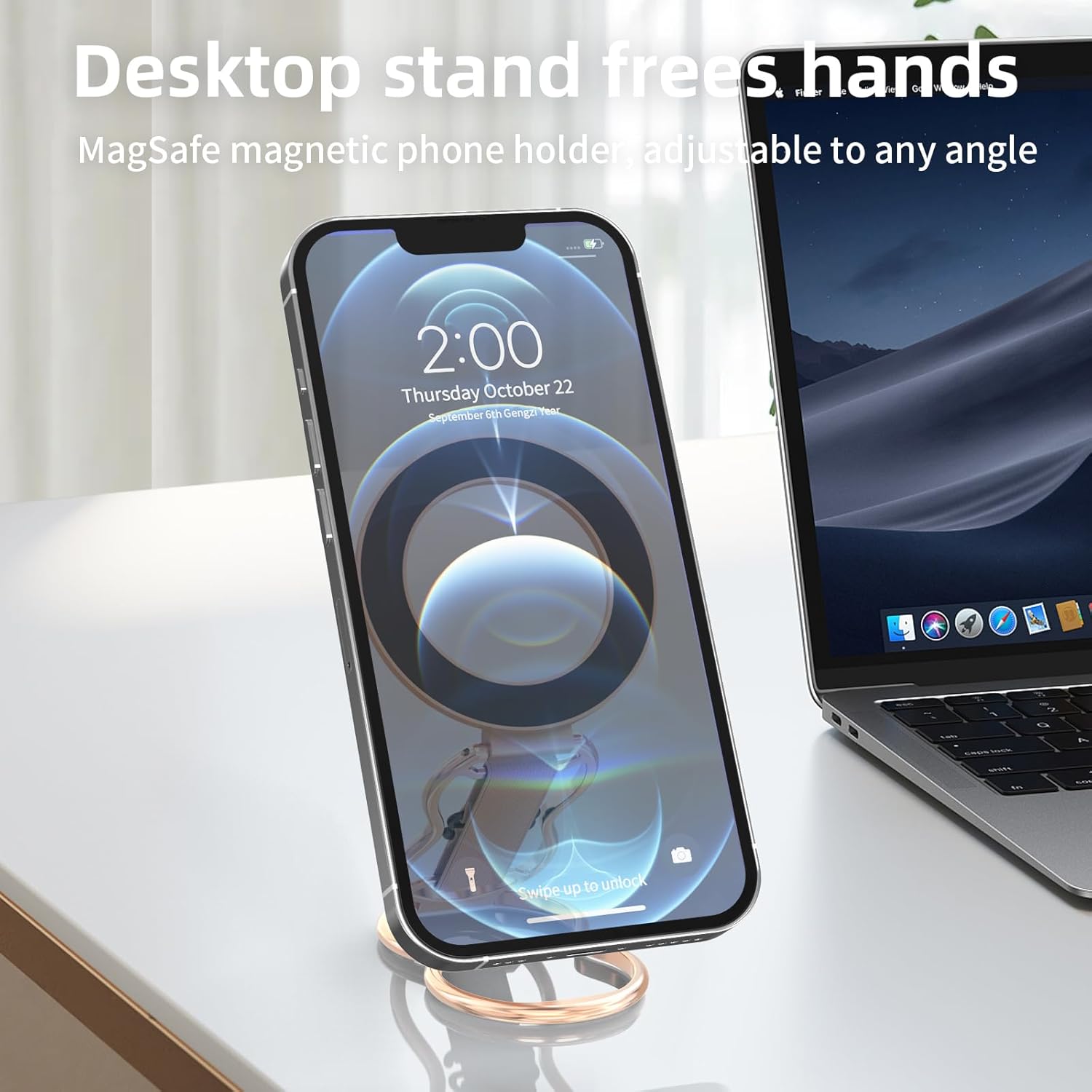 Magnetic-Phone-Grip-Stand-with-Finger-Strap, 4-in-1 Magnetic Ring Holder, Kickstand and Elastic Strap for Phones, Universal Fit for iPhone 17/16/15/14/13/12, Android and Cases(Rose Gold)