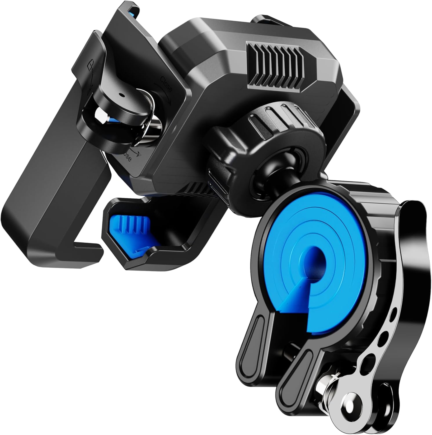 Black and blue mechanical component on a white background