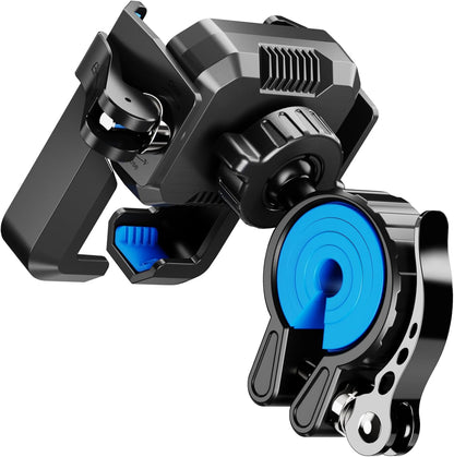 Black and blue mechanical component on a white background