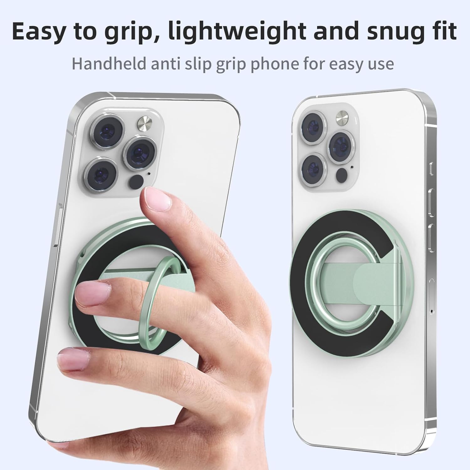 Handheld anti-slip grip phone case with a hand holding it, on a light blue background.
