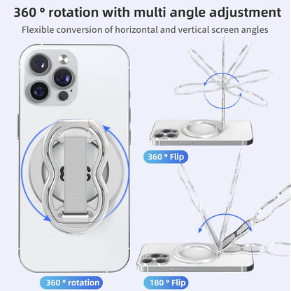 RESPECTED-BRO-Magnetic-Phone-Grip-Stand-with-Finger-Strap, 4-in-1 Magnetic Ring Holder, Kickstand and Elastic Strap for Phones, Universal Fit for iPhone 17/16/15/14/13/12, Android, and Cases (Silver)