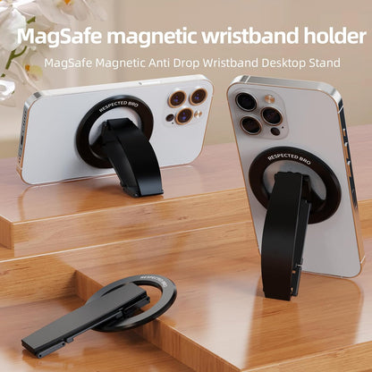 Magnetic-Phone-Grip-Stand, Magnetic Phone Ring Holder Kickstand with Silicone Finger Strap, Compatibility for iPhone 17/16/15/14/13/12, Android, and More (Black)