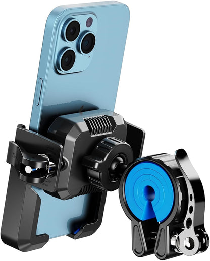 Phone holder with blue phone and additional camera lens attachment on a white background