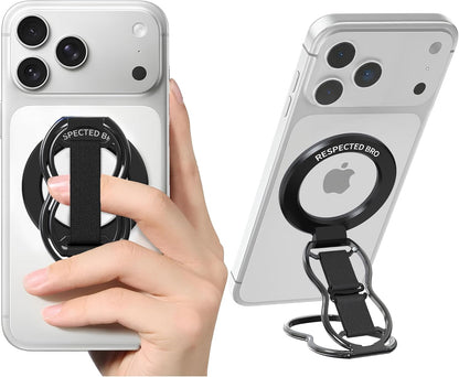 Magnetic-Phone-Grip-Stand-with-Finger-Strap, 4-in-1 Magnetic Ring Holder, Kickstand and Elastic Strap for Phones, Universal Fit for iPhone 17/16/15/14/13/12, Android, and Cases (Black)