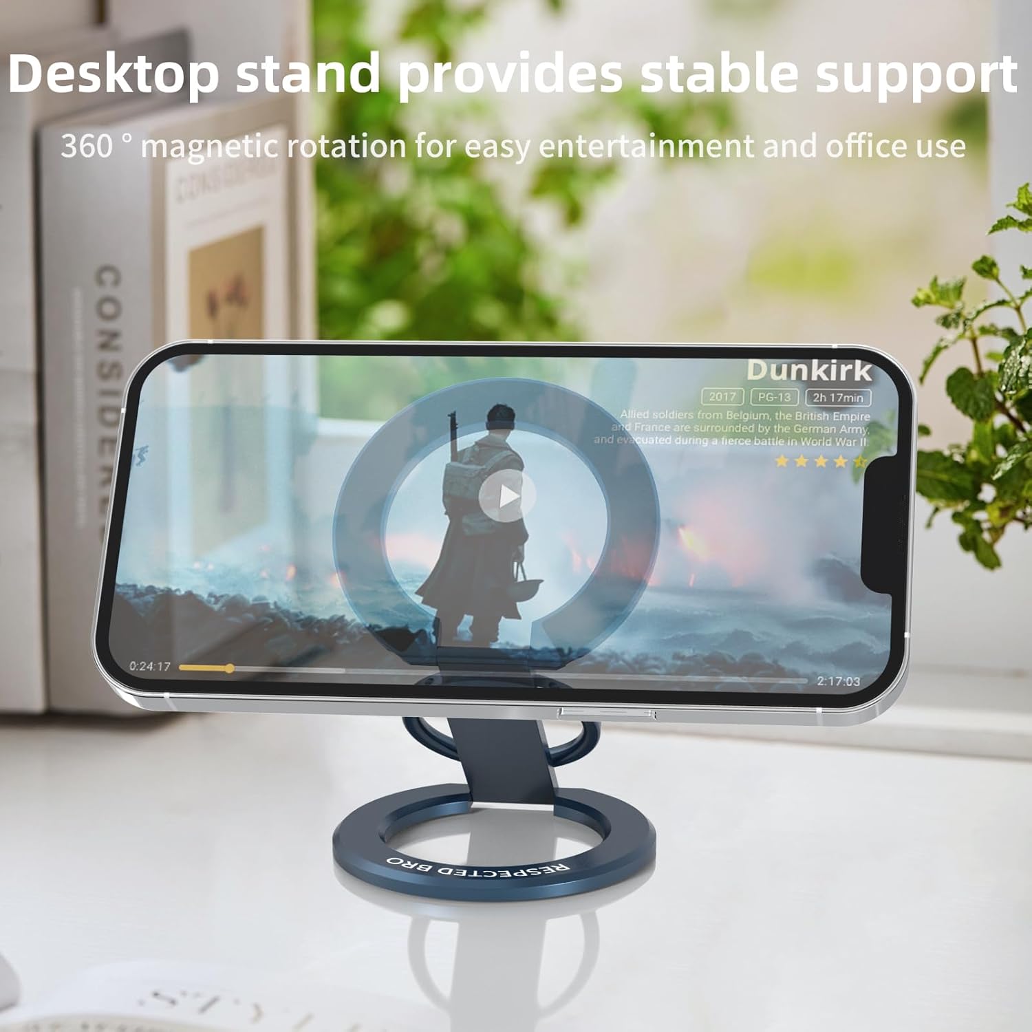 Phone on a stand with a movie playing, placed on a desk with a blurred background